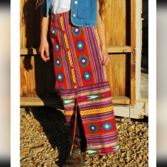 Vintage 1960s 1970s Southwestern Print Maxi Skirt High Rise Waisted Red Size XS - Picture 12 of 13